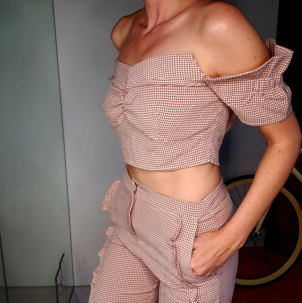 Gingham crop top and pants set.